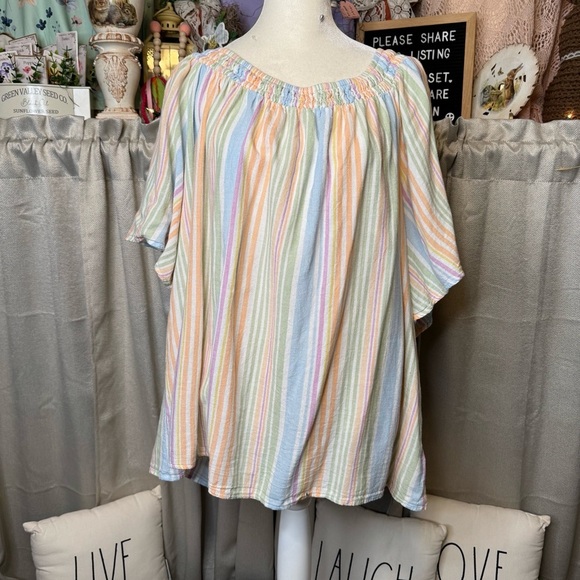 Blue and Pink Relaxed Blouse with Gathered Neckline - Picture 2 of 8